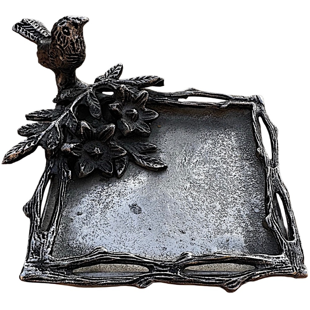 Silver Tone Metal Floral Bird  Serving Trinket Tray Plate 6”x 6”